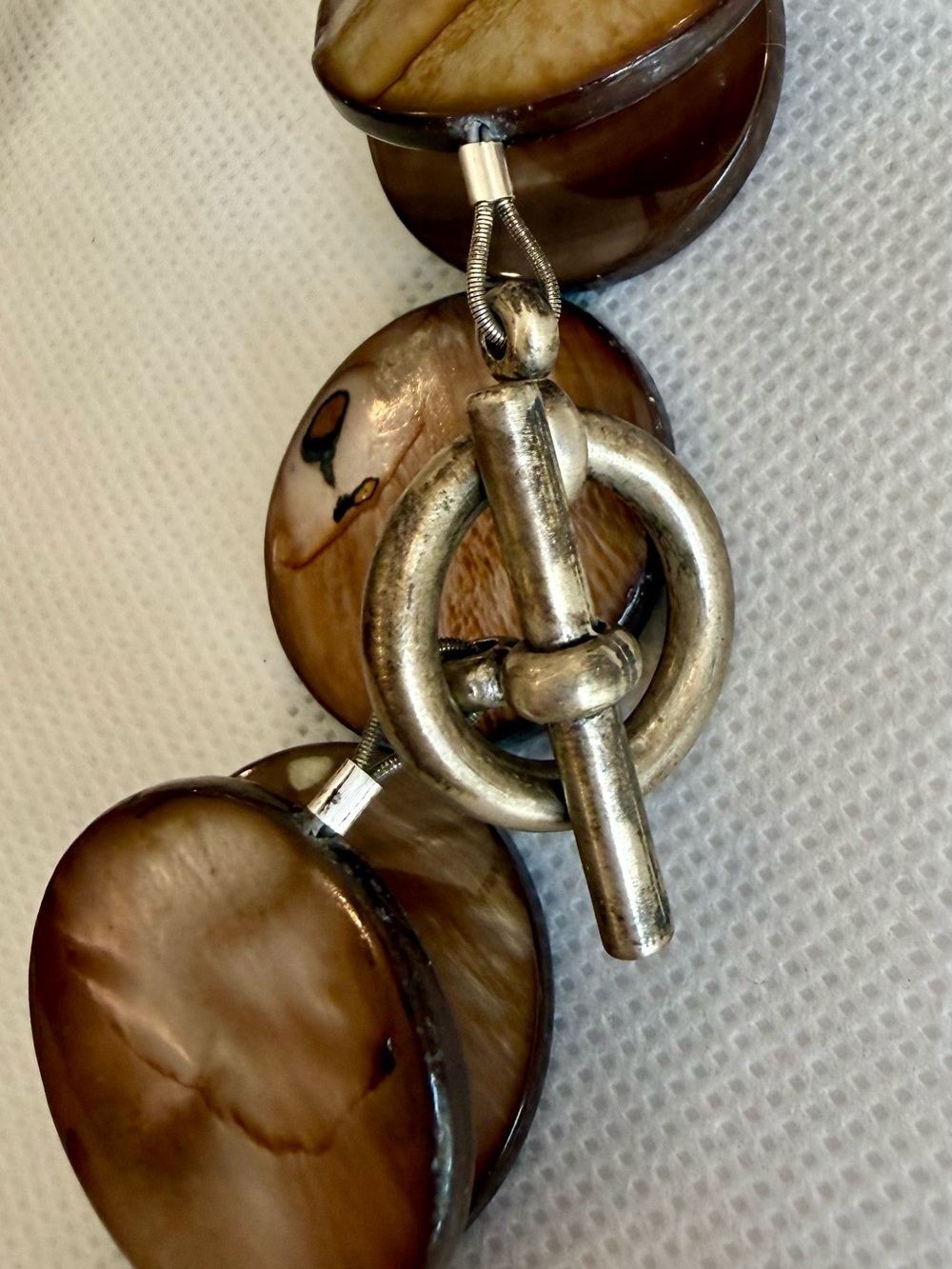 Brown Mother-of-Pearl Disc Bracelet with Silver Toggle